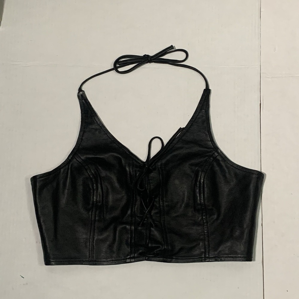 Nasty Gal  Real Leather Lace Up Black Halter Crop‎ Top With Zipper Size 10